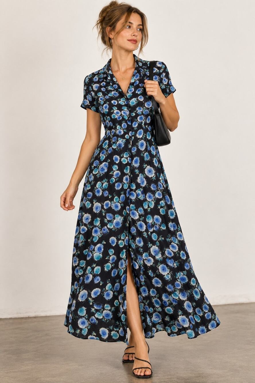 Vtg 90s Chadwick’s Silk Floral Maxi Dress Blue Black Button Front Size 12 Trendy